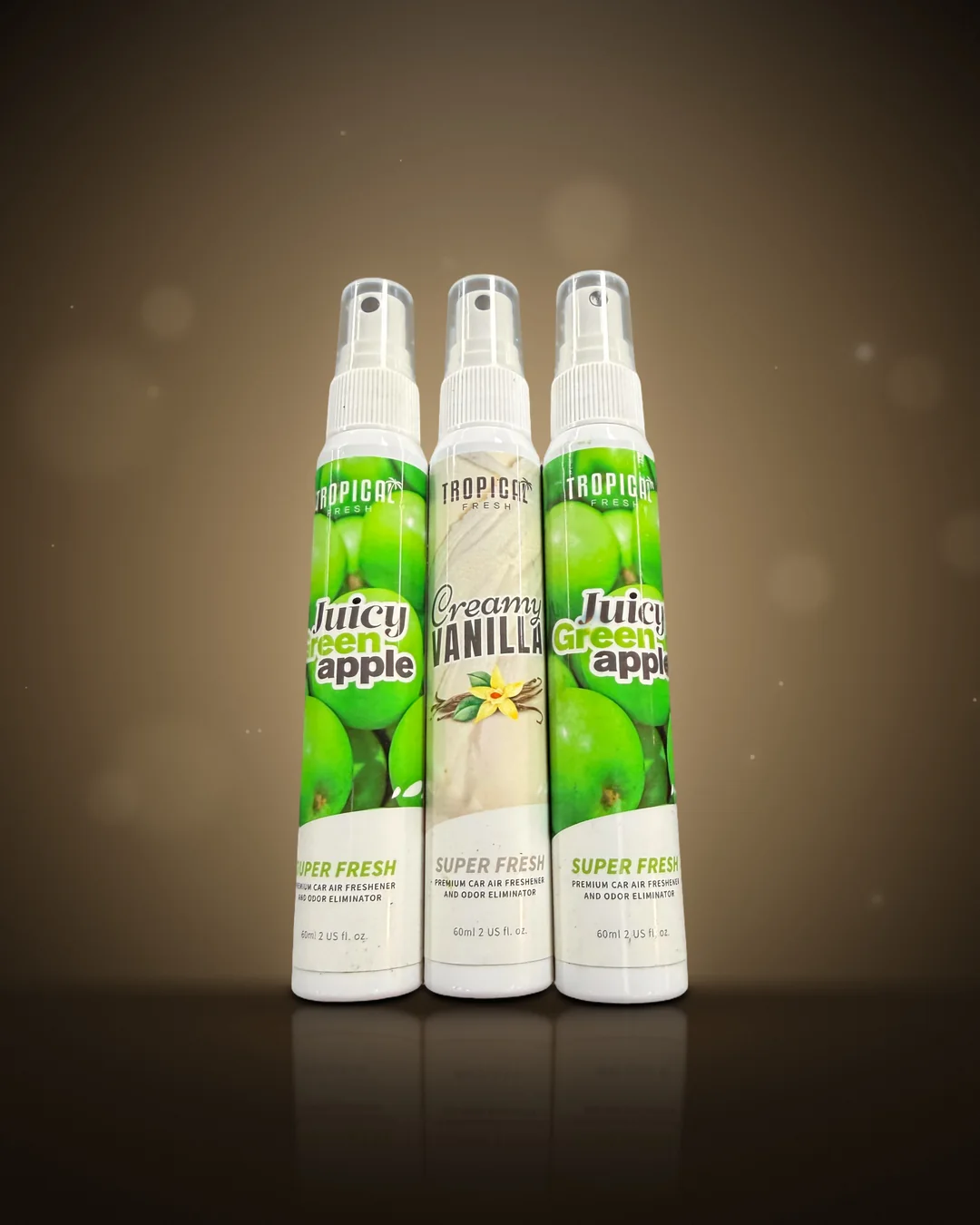 De 2+1 set: Creamy Vanilla en twee Juicy Green Apple sprays van 60 ml, echte productfoto