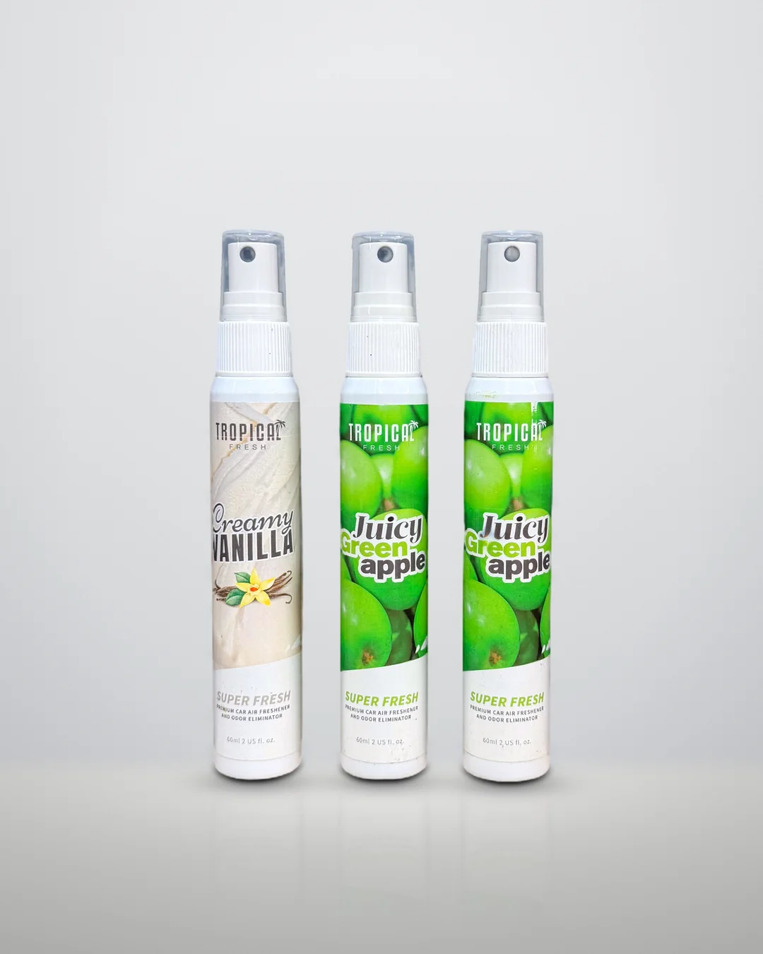 De 2+1 set van Tropical Fresh: drie sprays van 60 ml, echte productfoto