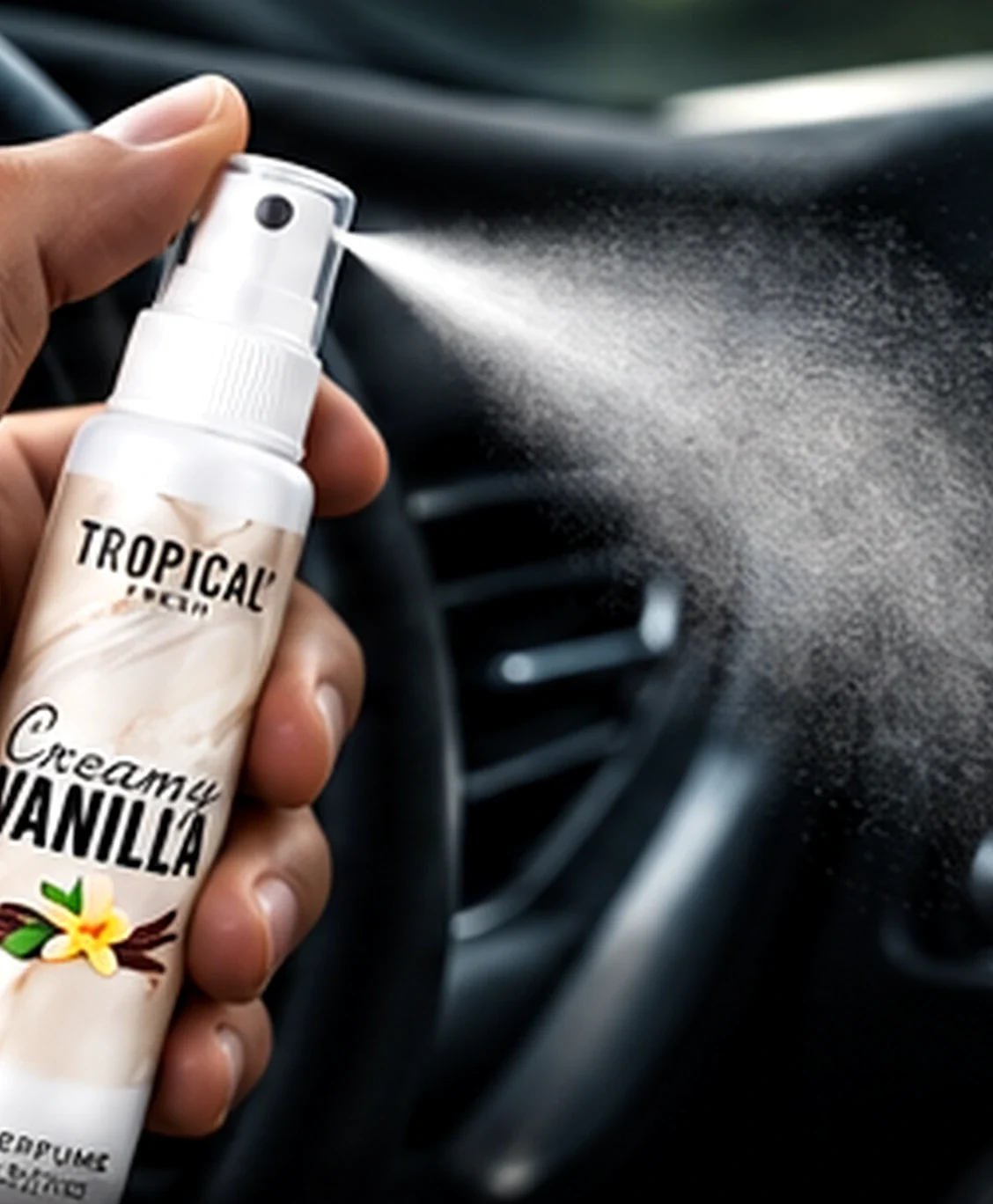 Creamy Vanilla autoparfum spray 60 ml in gebruik in de auto