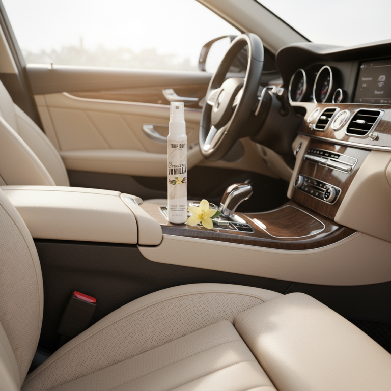 Flesje Creamy Vanilla autoparfum in de middenconsole van een auto met licht leren interieur